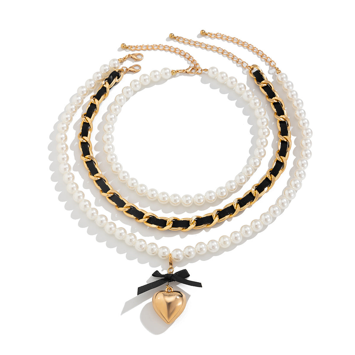 Fashion Heart Alloy Pendant Pearl Fabric Beaded Necklace Set for Women
