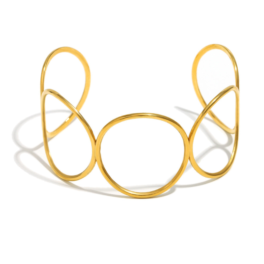 Minimalist Geometric Stainless Steel Bracelet with 18K Gold Plating, Lightweight Luxury Circle Cuff for Women