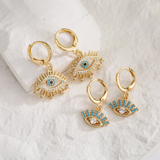 Pendientes de ojo turco geométricos minimalistas para mujer de cobre con acabado galvanizado