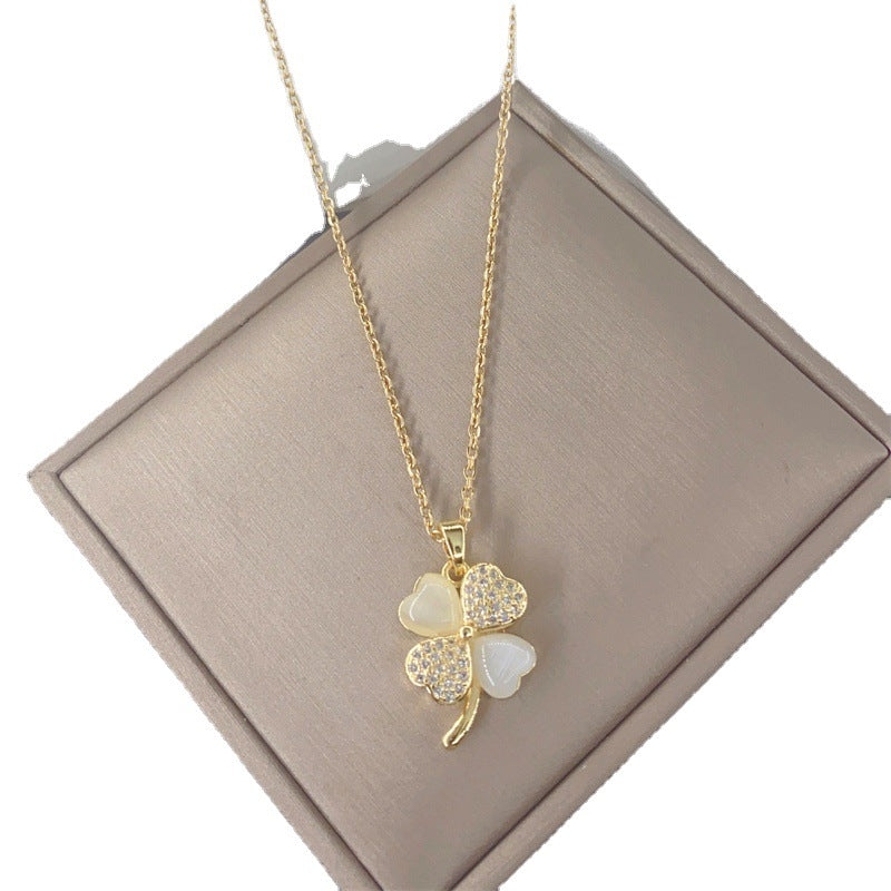 Minimalist Clover Pendant Necklace for Women in Titanium Steel with Rhinestone Inlay on O-Chain