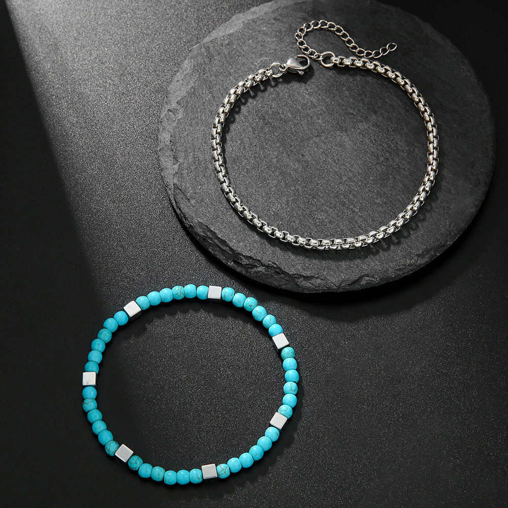 Bohemian Minimalist Round Turquoise and Hematite Beaded Chain Bracelet for Unisex