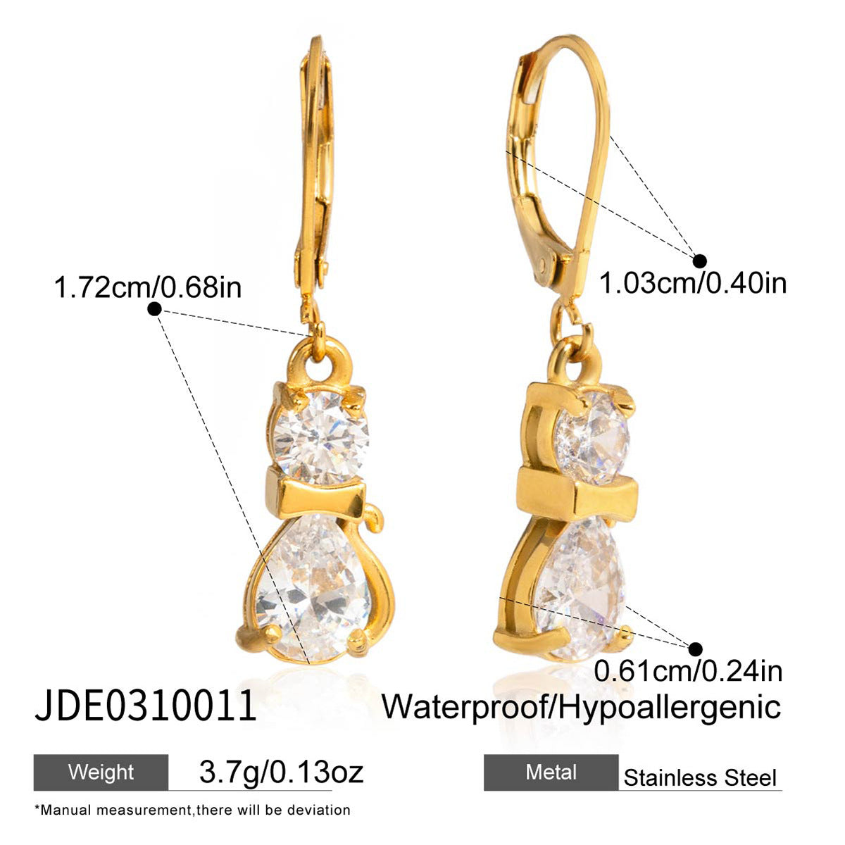 Orecchini a perno da donna minimalisti a forma di gatto in acciaio inossidabile con intarsi in zircone e placcatura in oro PVD