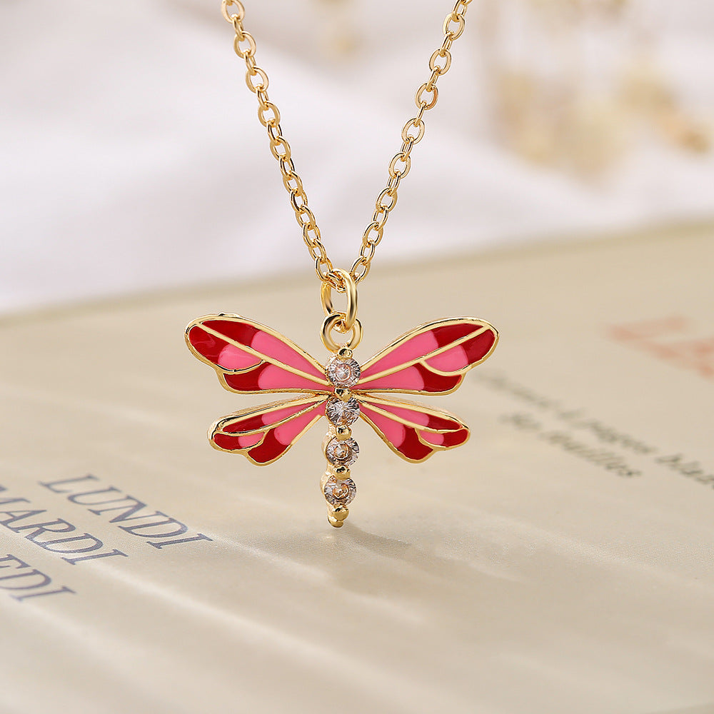 Minimalist Dragonfly-Shaped Enamel Pendant Necklace for Women with Copper Base and 18K Gold Plating