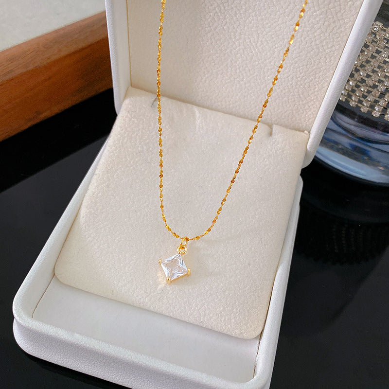 Minimalist Square Geometric Cubic Zirconia Plated Titanium Steel Necklace for Unisex