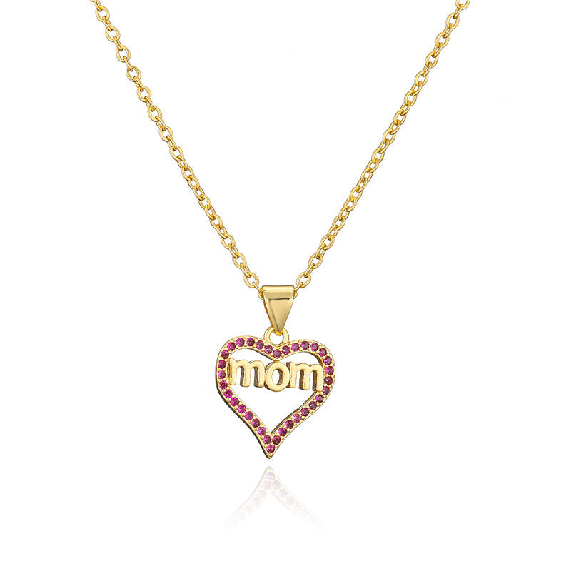 Gold Plated Brass Heart Letter Mom Pendant Necklace with Micro Inlay