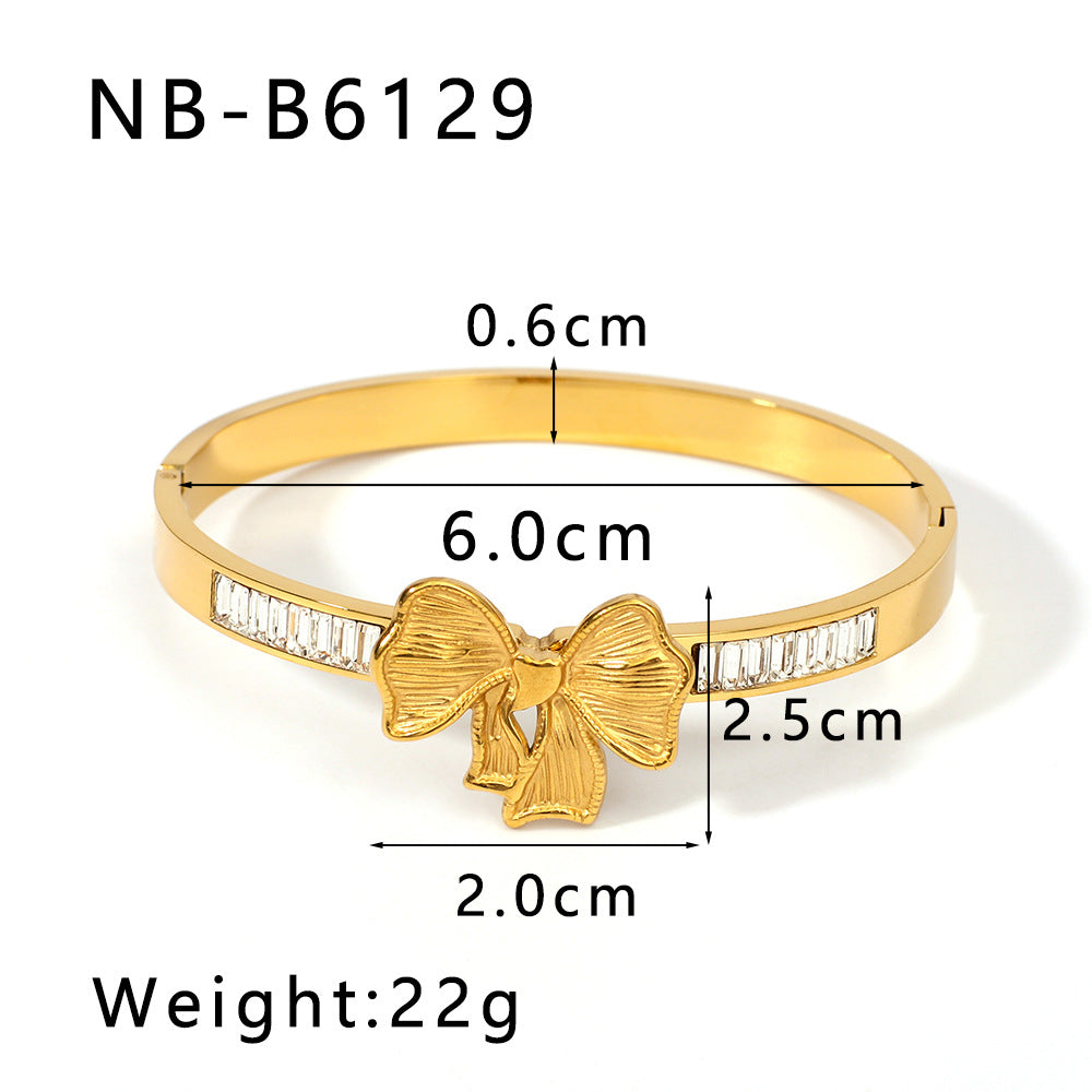 Asymmetrical Bow-Shaped Stainless Steel Bracelet for Women with Zircon Inlay and 18K Gold Plating