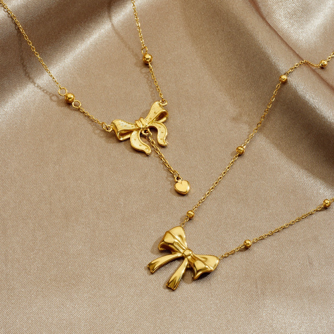 Irregular Bow Knot Heart Pendant Plated Stainless Steel Necklace with Chain Tassel for Women