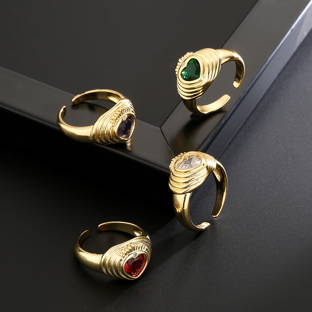 Anello aperto geometrico stile vintage da donna in rame placcato oro 18K con intarsio di zirconi