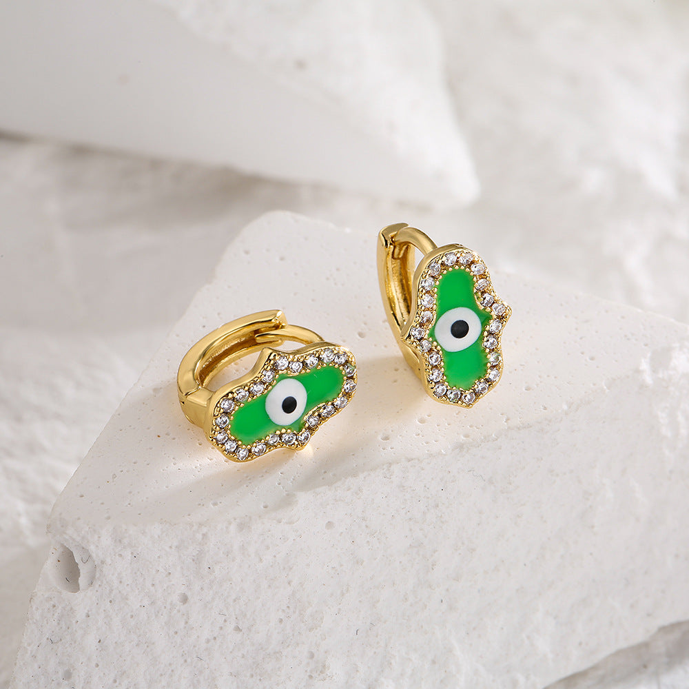 Minimalist Geometric Hand Eye Pendant Mini Earrings for Women with Copper Base Plated in 18K Gold and Enamel-Finished Zirconia Accents