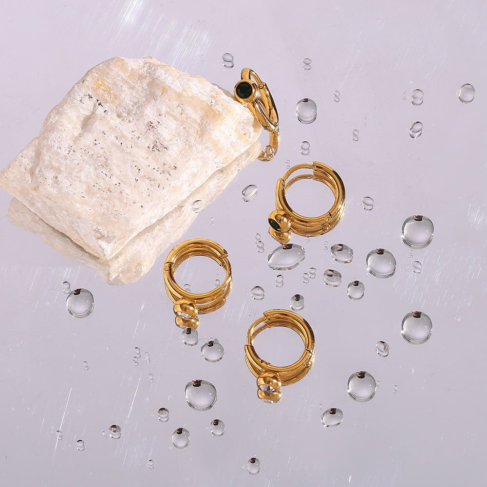 Minimalist Luxury Geometric Stainless Steel Hoop Earrings with 18K Gold Plating and Round Zirconia
