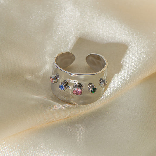 Minimalist Geometric Open Ring for Women in Stainless Steel with Colorful Zircon Inlay and Plated Finish