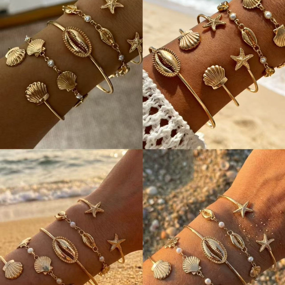 Minimalist Geometric Alloy Plated Shell Imitation Pearl Open Cuff Bracelet Set for Women
