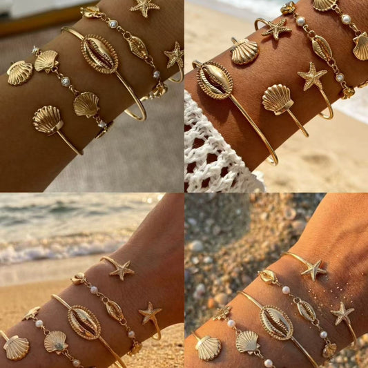Minimalist Geometric Alloy Plated Shell Imitation Pearl Open Cuff Bracelet Set for Women
