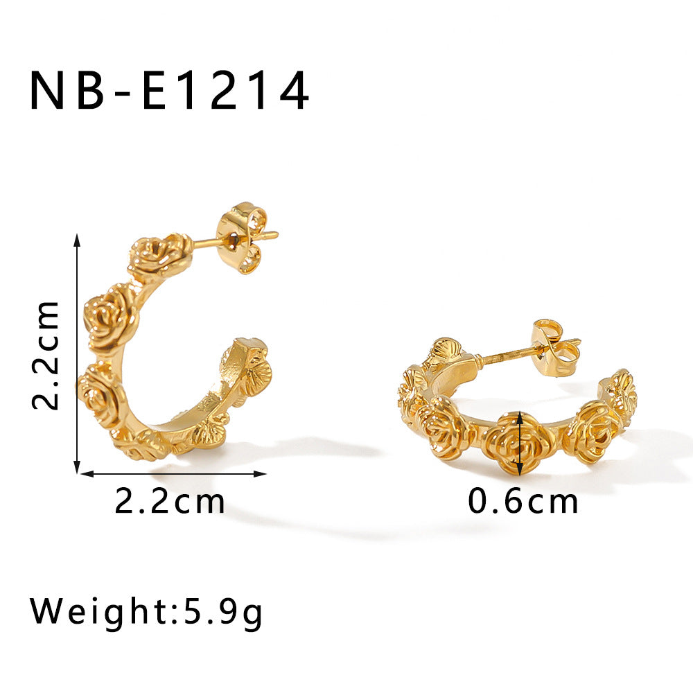 Vintage Rose Engraved Stainless Steel Earrings with 18K Gold Plating for Women Romantic Floral Design Minimalist Ear Studs
