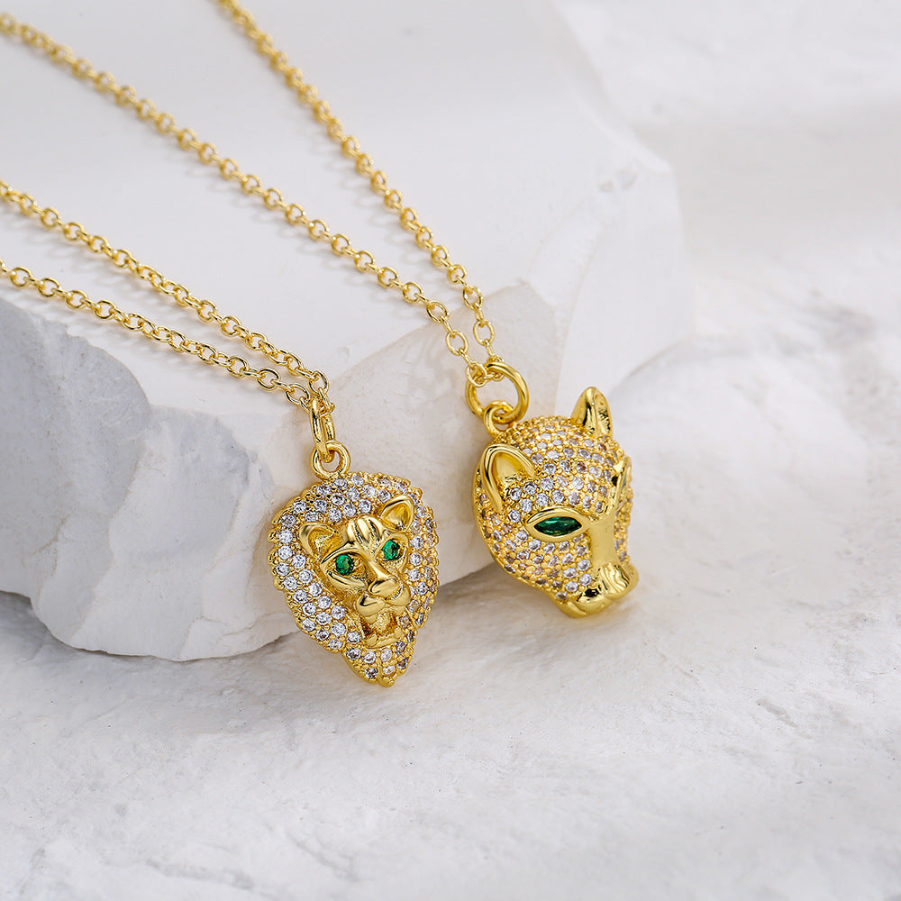 Geometric Lion Leopard Head Pendant Necklace in Copper with Real Gold Plating and Zircon Inlay for Unisex Hip Hop Style