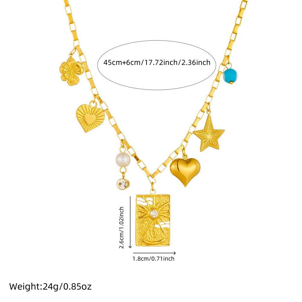 Collana con ciondolo a cuore, stella e occhio geometrico personalizzato, placcato oro su catena a maglie in acciaio inossidabile da donna