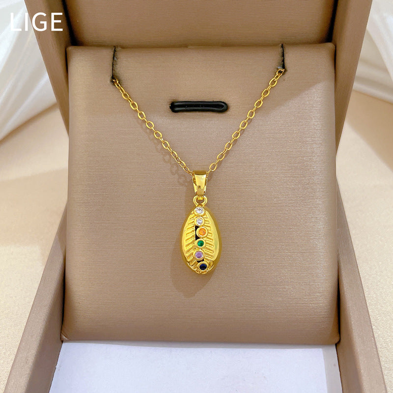 Sweet Colorful Geometric Moon Rhinestone Pendant Necklace Titanium Steel Chain for Unisex