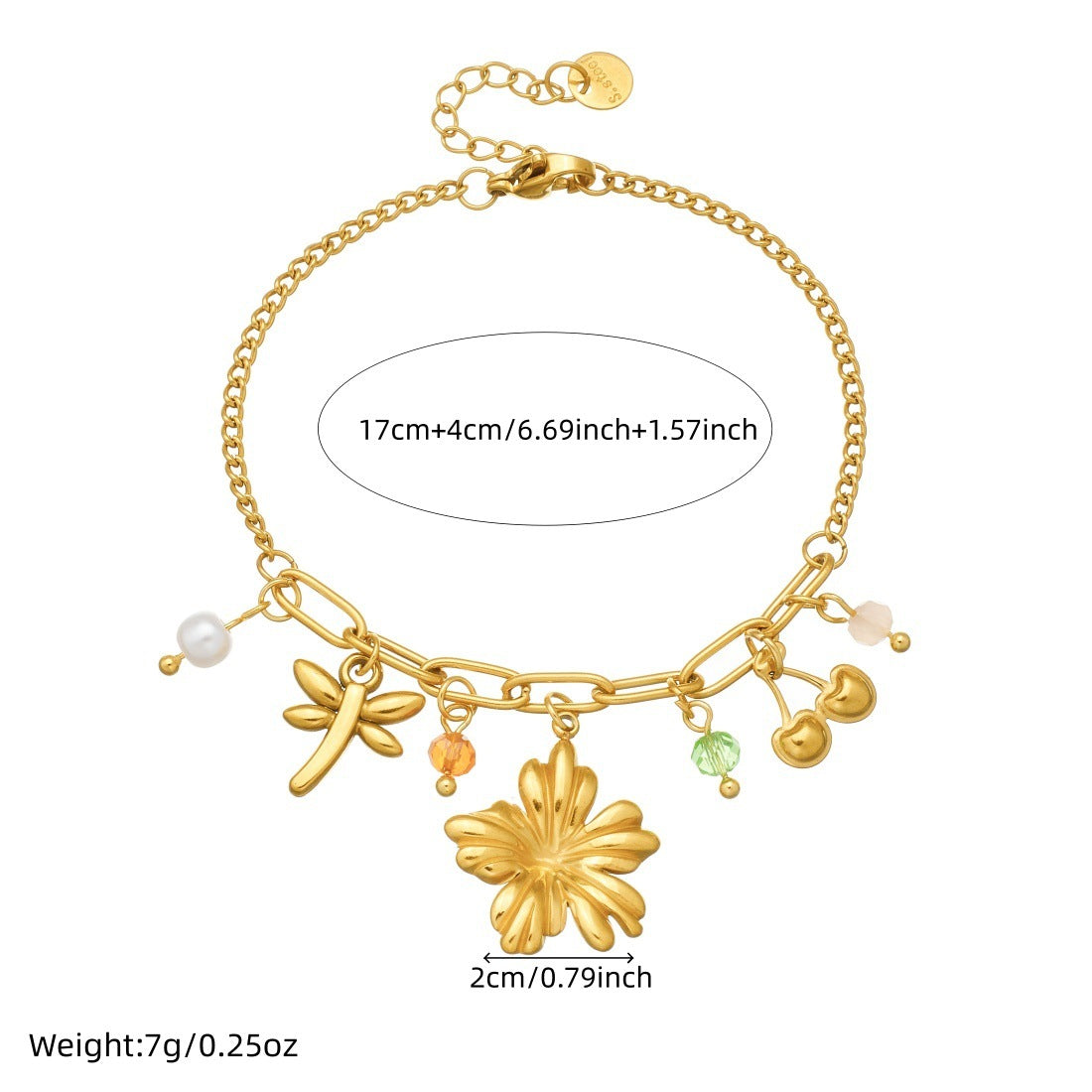 Sweet Gold Plated Floral Butterfly and Cherry Blossom Stainless Steel Bracelet with Pearl Ball Chain for Women