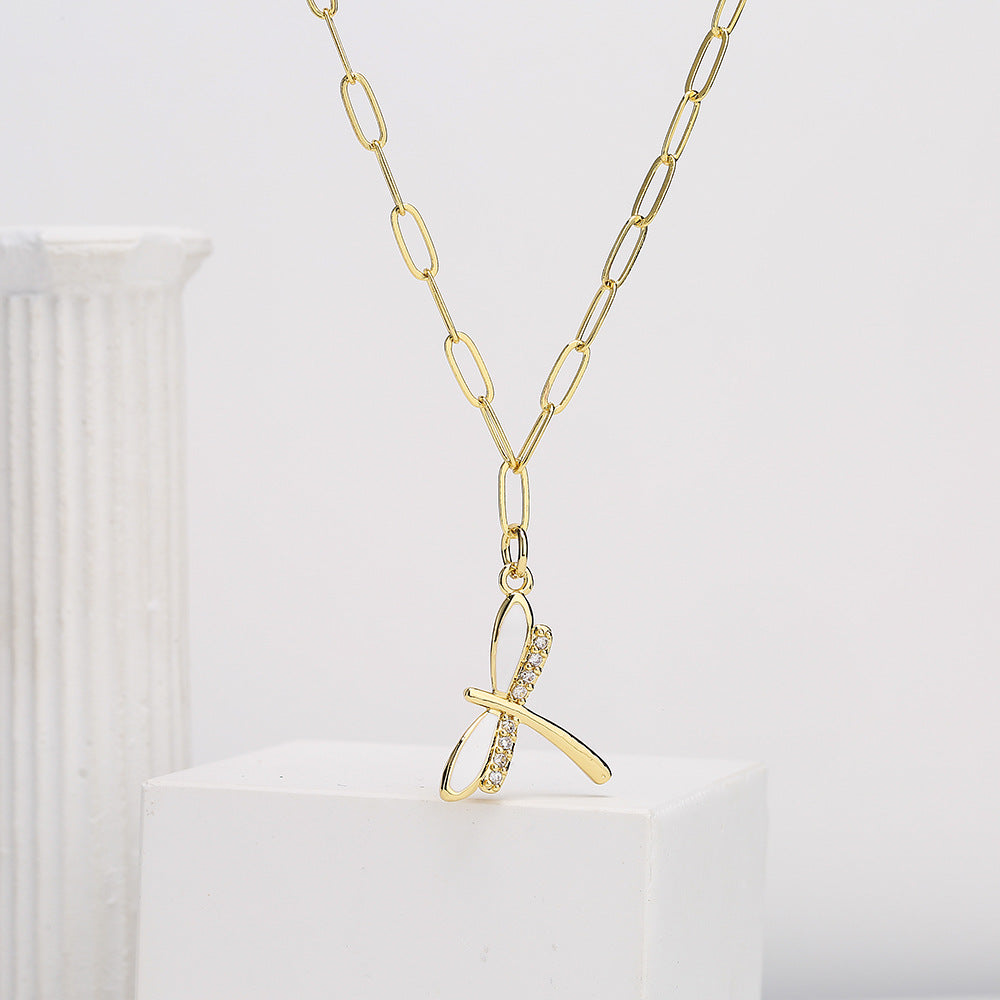 Minimalist Butterfly and Dragonfly Pendant Necklace for Women with Copper Base Plated in 18K Gold and Zircon Inlay