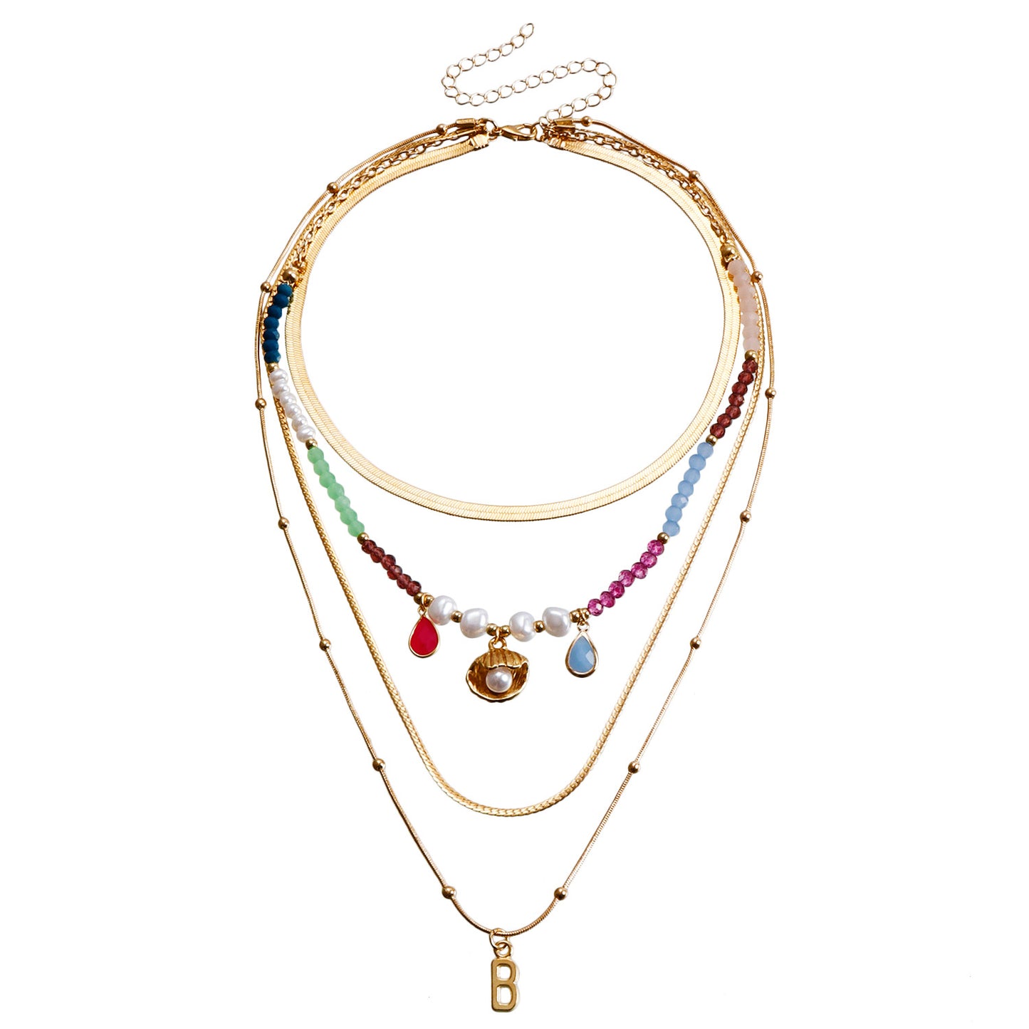 Bohemian Multi-Layer Beaded Necklace with Geometric Shape Alloy Pendant, Electroplated Finish, Fashionable Clavicle Chain for Women