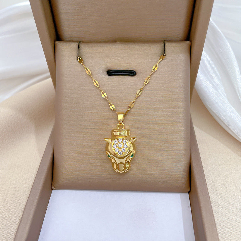 Set collana e orecchini testa di leopardo geometrica minimalista da donna in acciaio al titanio con finitura placcata