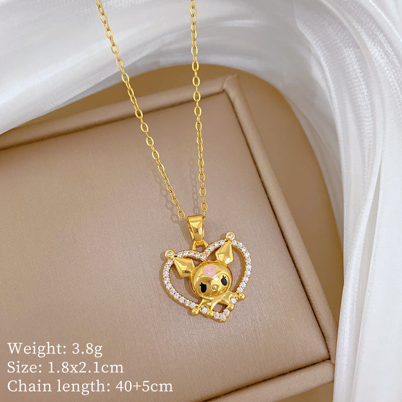 Sweet Cartoon Animal Micro-Inlaid Cubic Zirconia Brass Pendant Titanium Steel Necklace for Unisex