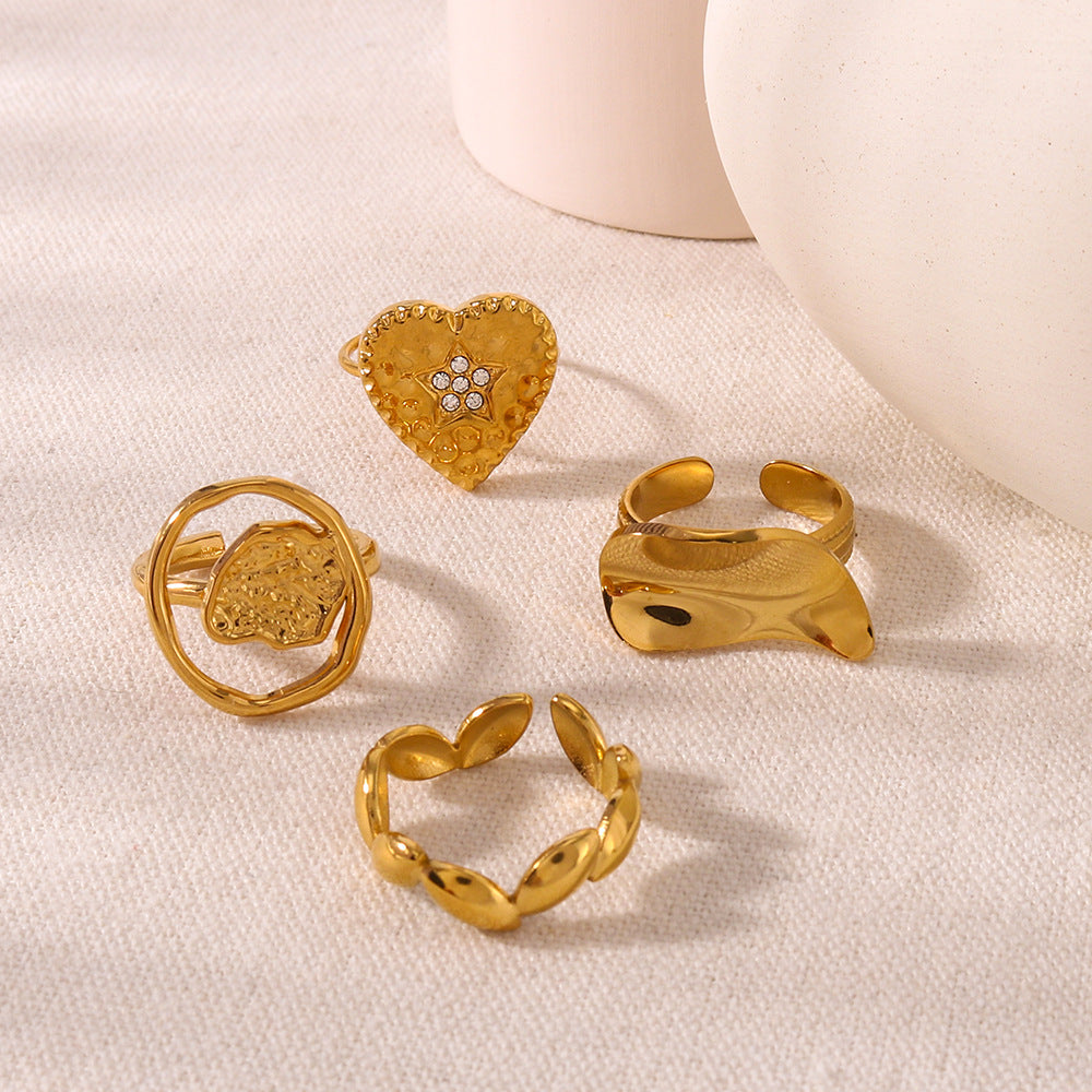 Anello irregolare a forma di cuore, geometrico, traforato, in acciaio inossidabile con finitura placcata sottovuoto in oro 18 carati per uomo e donna