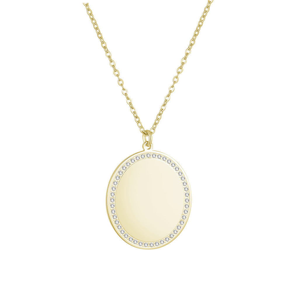 Collana da donna minimalista ovale in acciaio inossidabile con intarsio di zirconi e placcatura in oro, lunghezza regolabile, gioielli con pendente geometrico