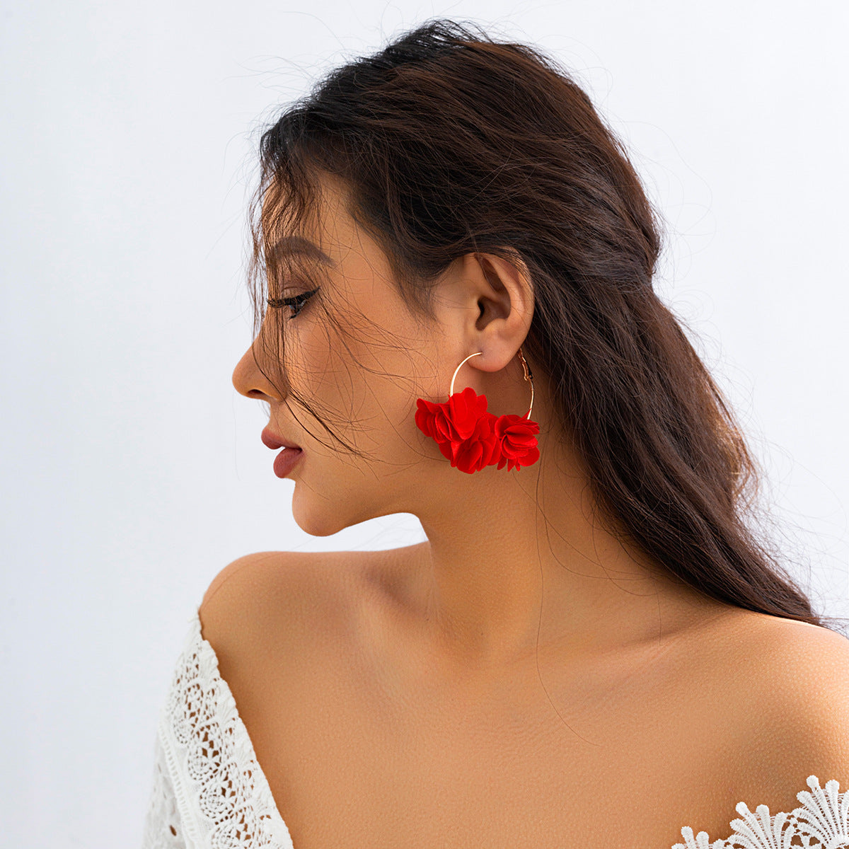 Bohemian Sweet Floral Plated Alloy Earrings with Colorful Tassel Fabric Rose Design for Women