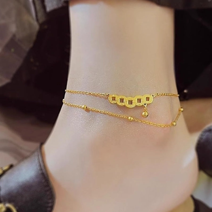 Exotic Geometric Titanium Steel Anklet with Double-Layer Lucky Coin Design for Women and Men