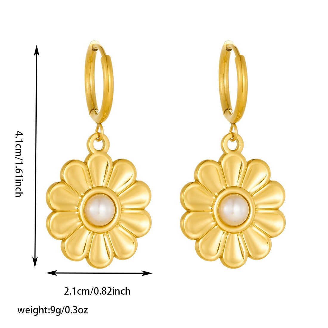 Minimalist Gold Plated Stainless Steel Floral Daisy Earrings with Imitation Pearl