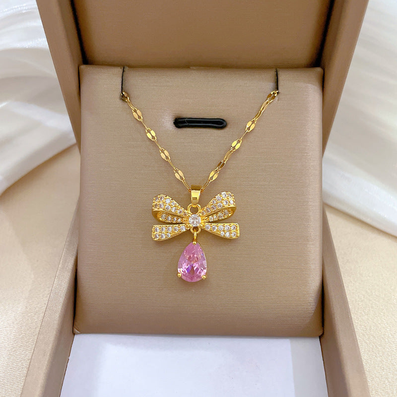 Luxury Minimalist Sweet Geometric Titanium Steel Stainless Steel Necklace with Rhinestone Inlay for Women
