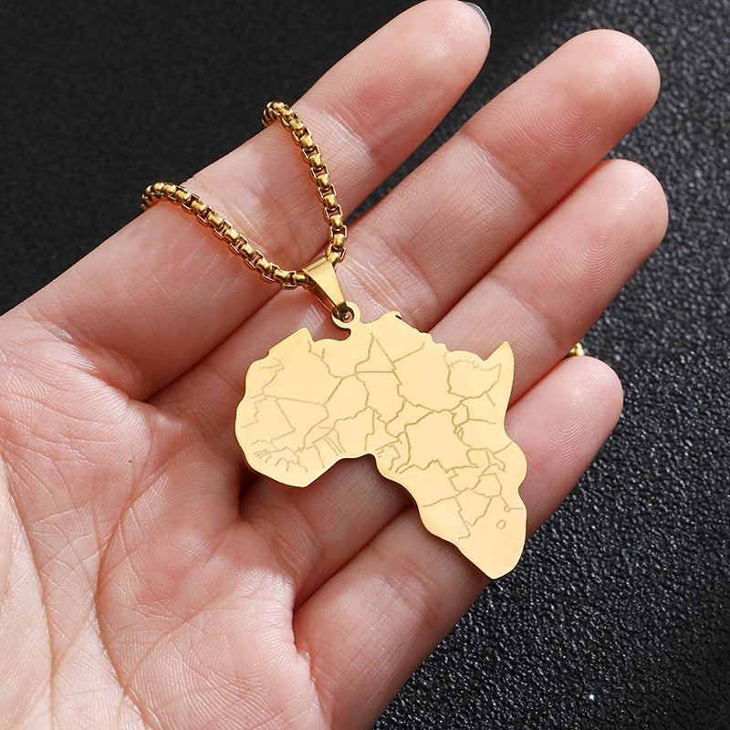 Collana con Ciondolo Mappa dell'Africa Placcato Oro in Acciaio al Titanio Stile Retro Hip-Hop con Ciondolo Elefante su Catena di Perle Quadrate per Unisex