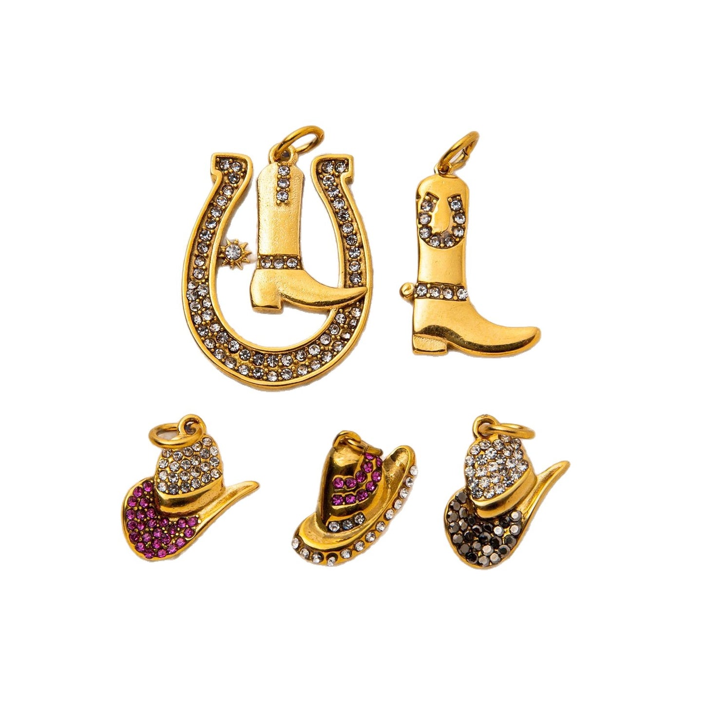 Hip-hop Stainless Steel 18K Gold Plated PVD Cowboy Hat Boot Horseshoe DIY Charm Bar