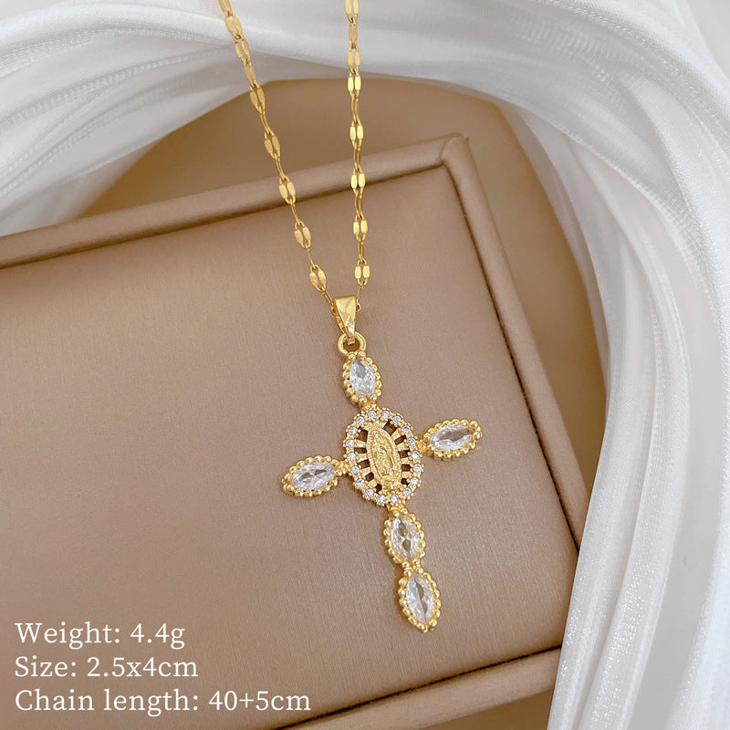 Sweet Full Rhinestone Cross Geometric Titanium Steel Necklace for Unisex