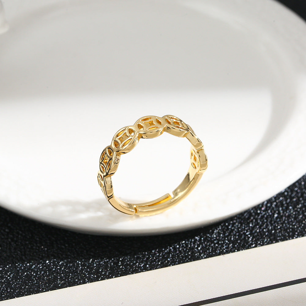 Anello a Fascia Aperta Regolabile in Rame con Placcatura in Oro 18K ad Alta Ritenzione del Colore, Design a Moneta che Preserva la Ricchezza, Anello di Moda Unisex