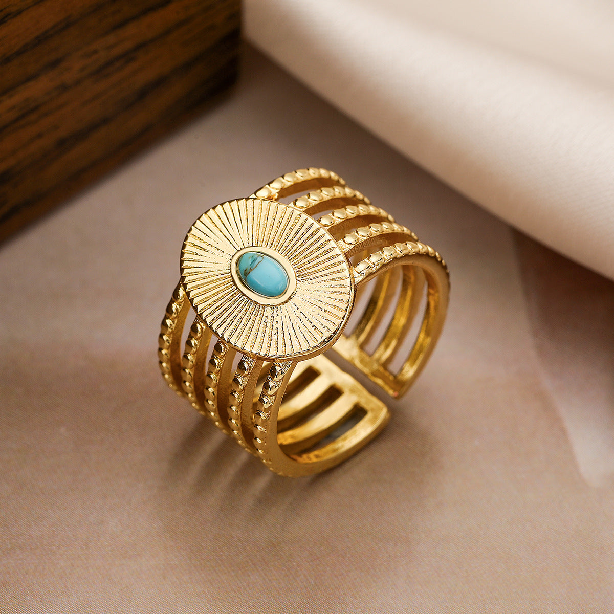 Minimalist Geometric Open Ring for Women in Brass with 18K Gold Plating and Turquoise Inlay