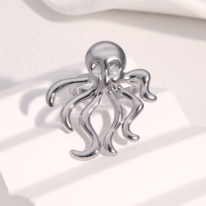 Minimalist 18K Gold Plated Stainless Steel Octopus Open Ring for Women