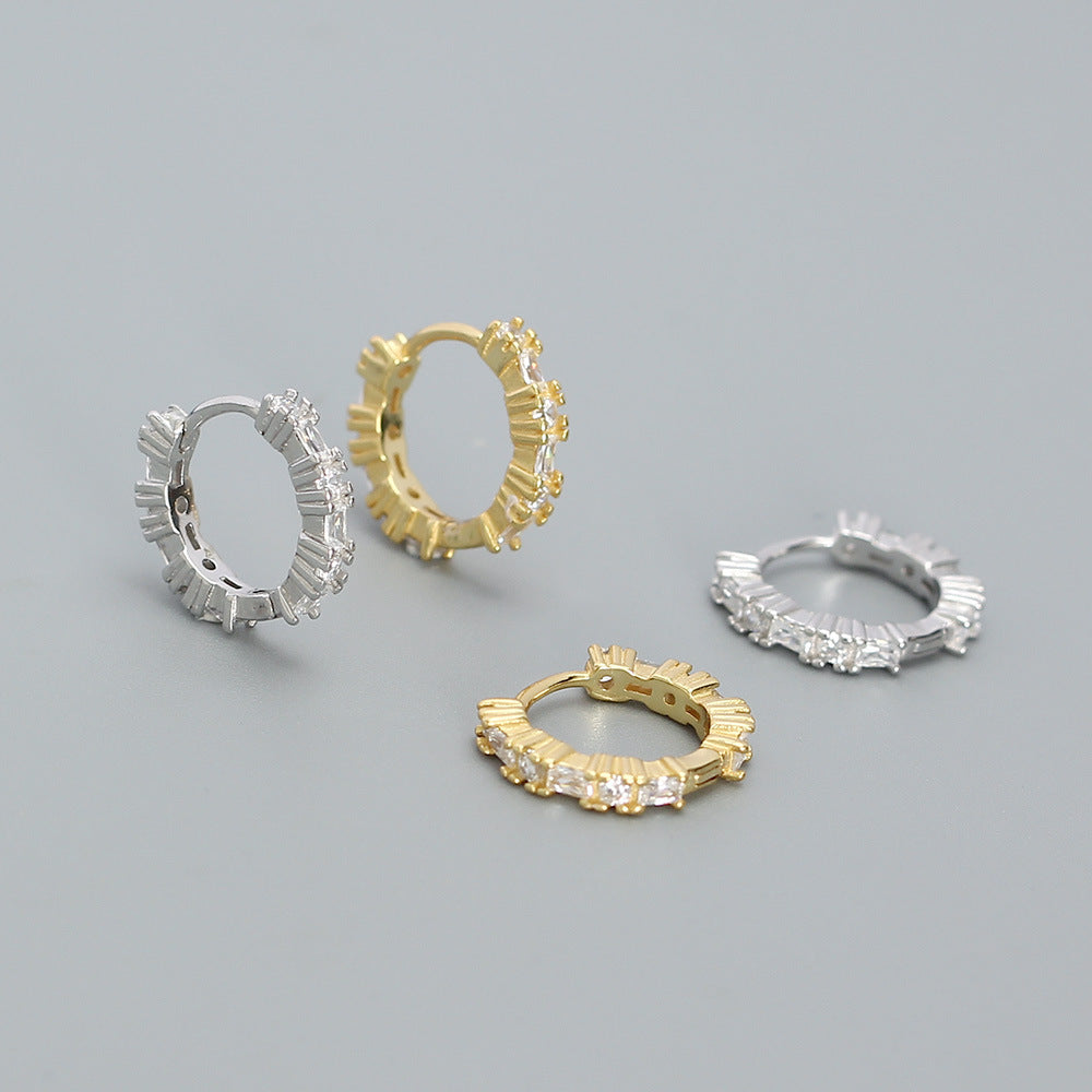 Minimalist Geometric S925 Sterling Silver Hoop Earrings with Rhinestone Inlay for Women and Men