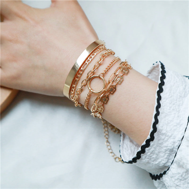 Punk Hip-hop Geometric Round Plated Alloy Bracelet Set for Women