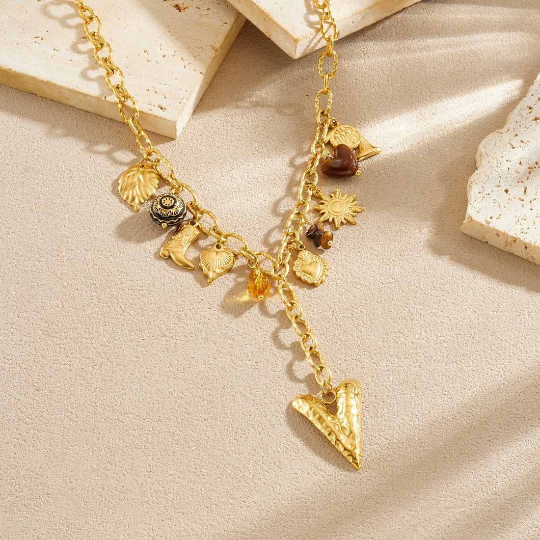 Vintage Gold Plated Heart Stainless Steel Pendant Necklace with Tassel for Women
