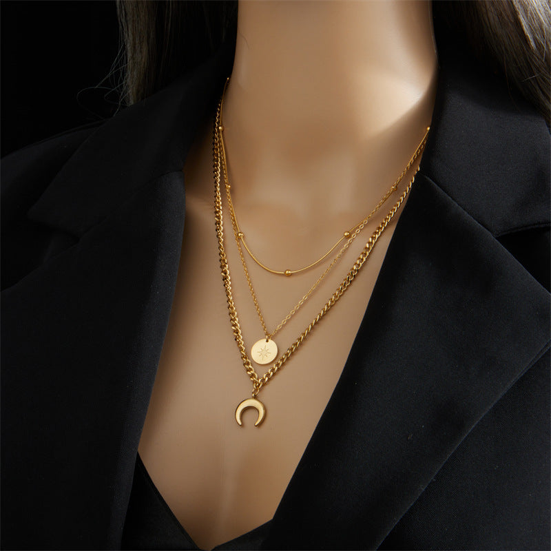 Vintage Star and Moon Pendant Necklace in Stainless Steel with Gold Plating for Women