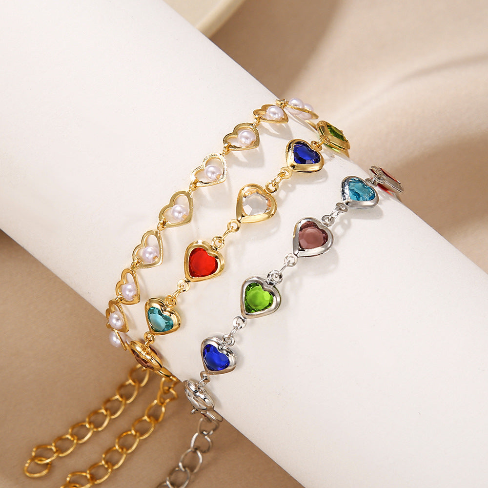 Colorful Rhinestone Heart Geometric Alloy Bracelet
