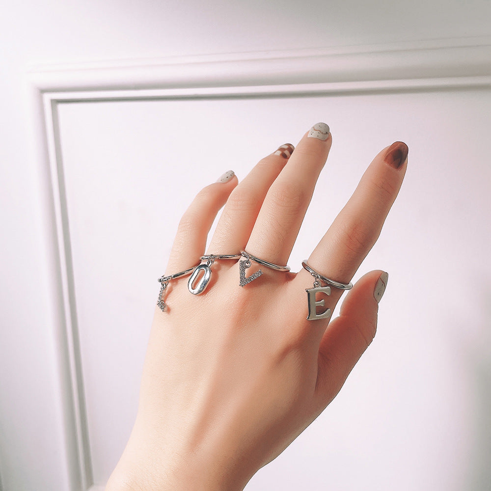 Sweet Geometric Letter Alloy Ring with Rhinestone Inlay LOVE Design Set of 4