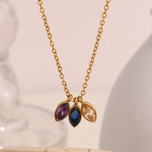 Fashionable Geometric Stainless Steel Pendant Necklace with 18K Gold Plating and Triple Zirconia Eye Accents for Women