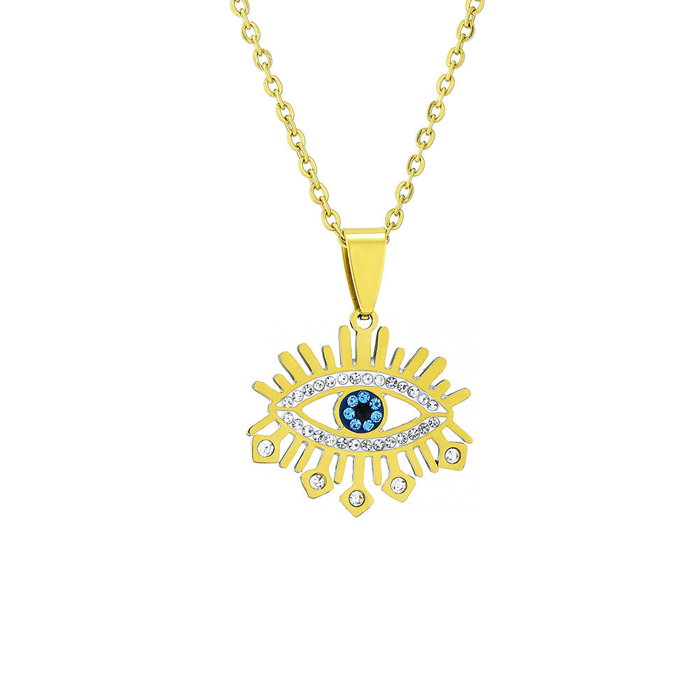 Elegante collar geométrico de ojo turco de acero inoxidable para mujer con colgante de acero de titanio y acabado electrochapado en cadena O
