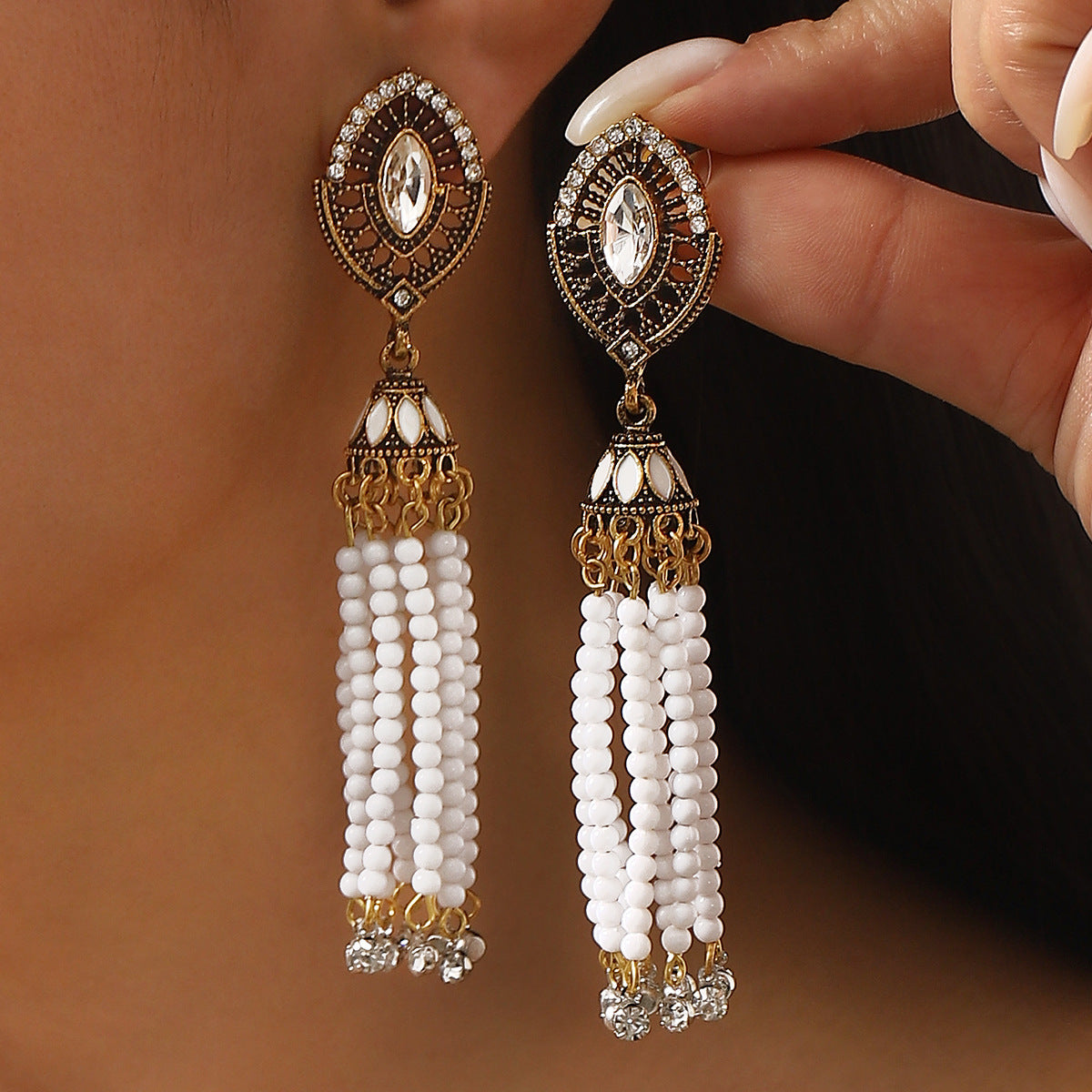 Pendientes de borlas geométricos bohemios con diamantes de imitación y base de aleación chapada para mujer