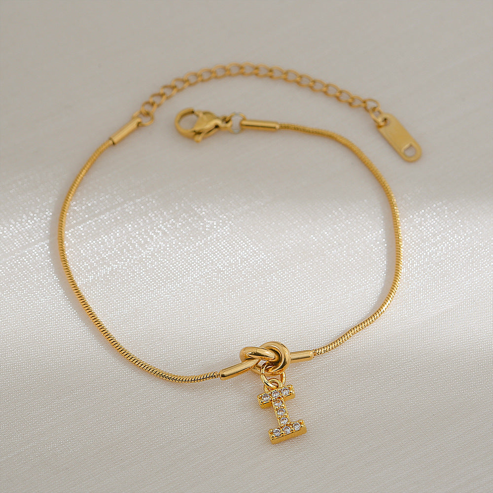 18K Gold Plated Stainless Steel Letter Heart Knot Charm Bar Bracelet for Women