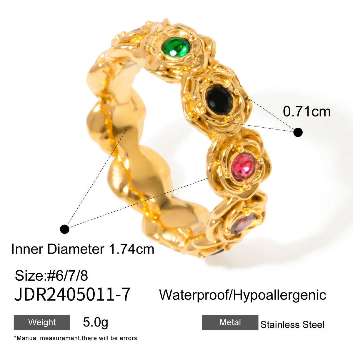 Vintage Elegant 18K Gold Plated Stainless Steel Round Rose Cubic Zirconia Ring for Women