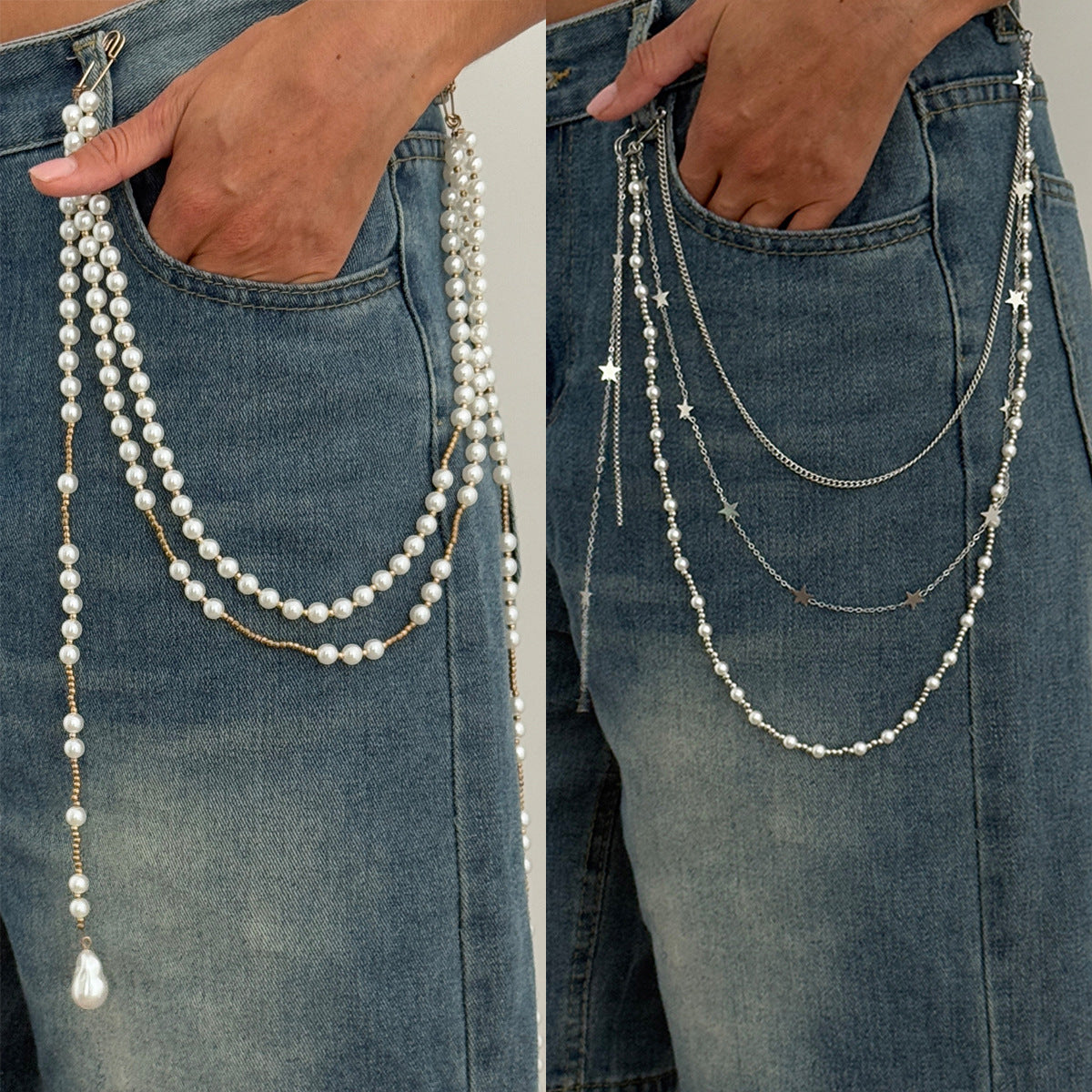 Minimalist Star Faux Pearl Tassel Multi-layer Waist Chain for Women